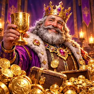 Smiling king raising a golden goblet over a chest of coins