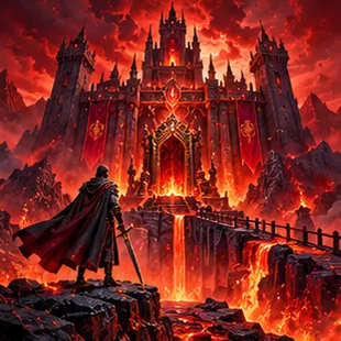 Cloaked traveller facing a crimson castle across a lava-lit bridge