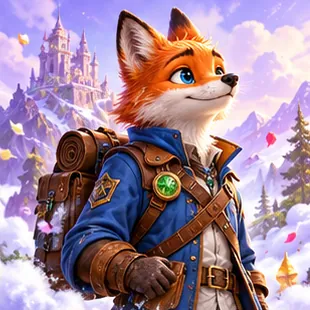 Fox explorer in a blue coat outside a snowy castle