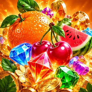 Oranges, cherries and cut gemstones heaped over gold coins, original CYL88 artwork