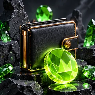 Black wallet and glowing green gems on volcanic rock