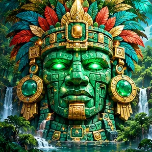 Giant jade stone face above jungle waterfalls