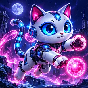 Robot cat leaping through a neon night with glowing orbs