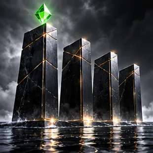 Four black monoliths rising from dark water under a green crystal
