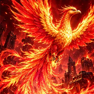 Flaming phoenix rising over a ruined city