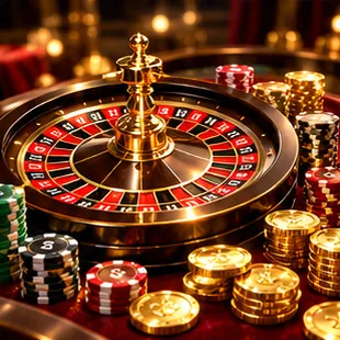 Roulette wheel surrounded by stacks of casino chips, original CYL88 artwork