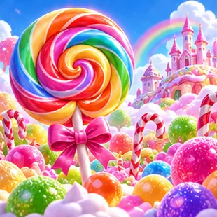 Candy kingdom with a giant swirl lollipop and a rainbow