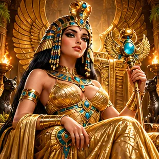 Golden queen seated on a torch-lit throne