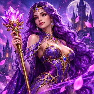 Sorceress holding a crystal staff before a moonlit tower