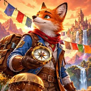 Fox adventurer holding a brass compass above a canyon of waterfalls