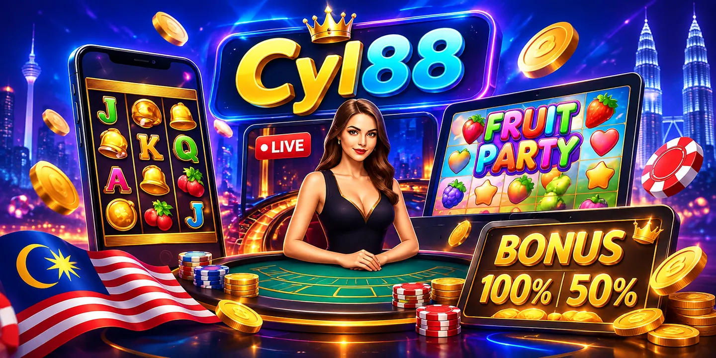 CYL88 banner showing a smiling host at a casino table, slot reels on a phone and the Kuala Lumpur skyline at night
